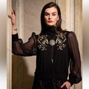Double D Ranch Black and Gold Embellished Mock Neck Blouse - Long Ride Top